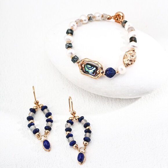 ✨ Artisan Original Lapis Lazuli & Moonstone Dangle Earrings | S925 Gold - Picture 4 of 6